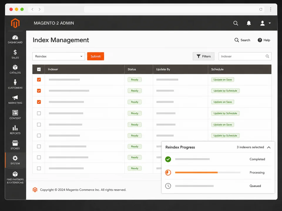 Magento Admin Index Management showing queued reindex progress