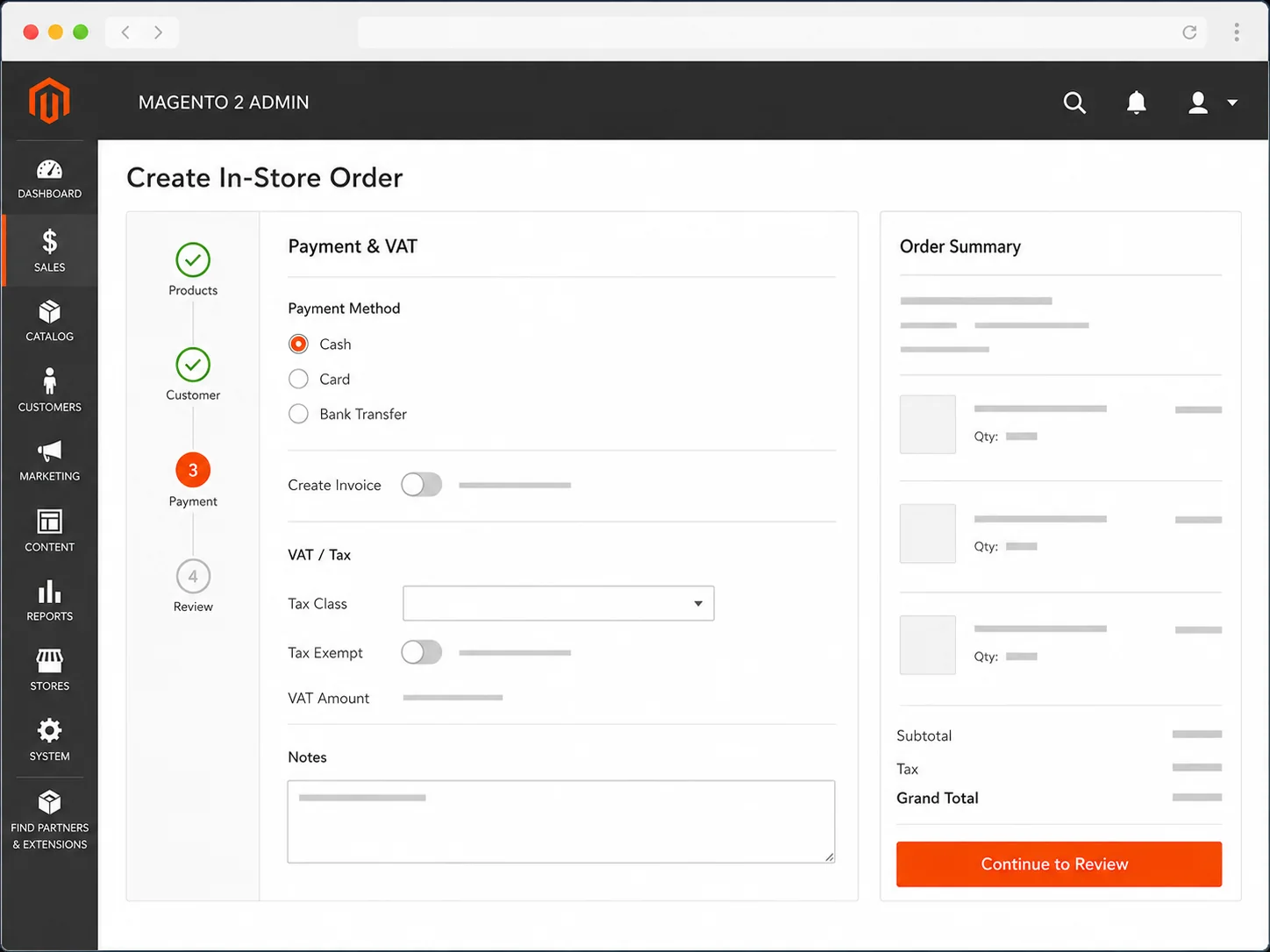 Magento Admin in-store order workflow showing the Payment and VAT stage