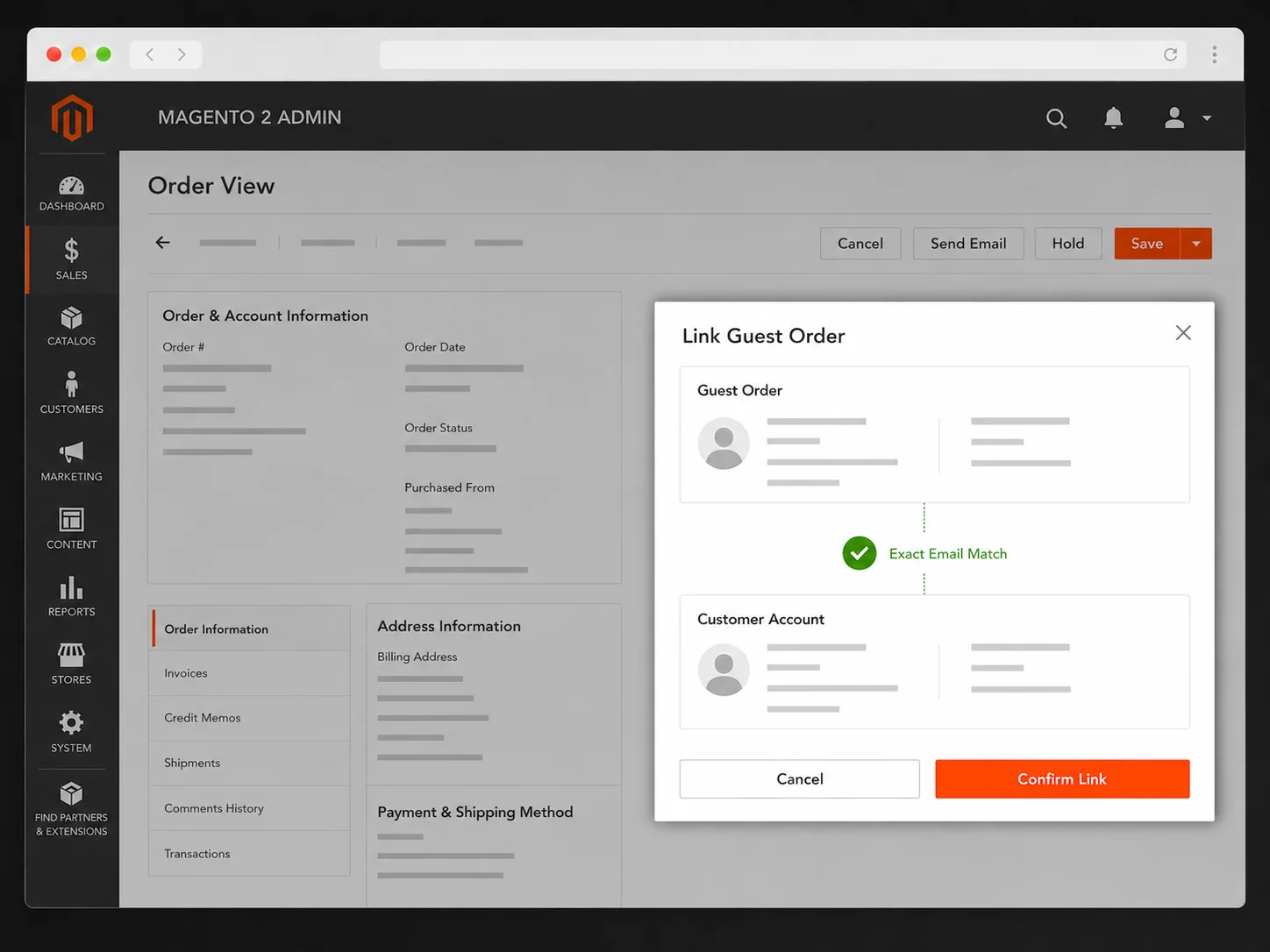 Magento Admin confirmation for linking a guest order to the exact matching customer account