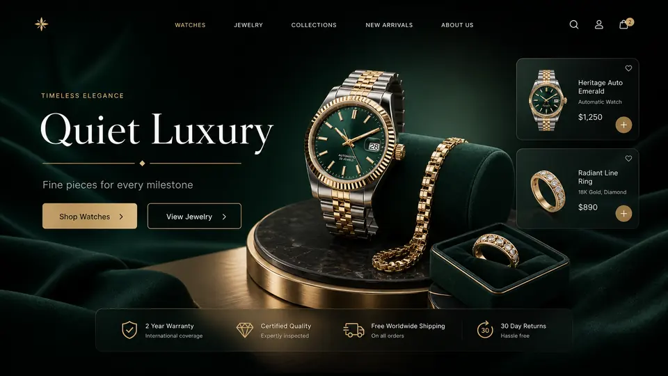 Luxury Watch and Jewelry ecommerce website mockup
