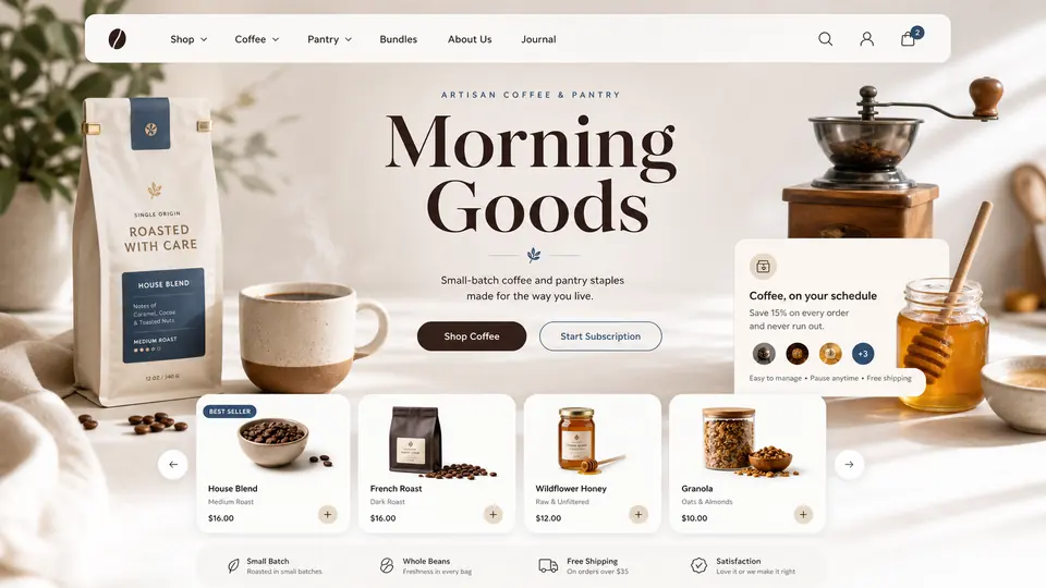 Artisan Coffee Pantry ecommerce website mockup