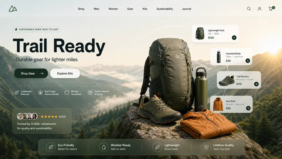 Sustainable Outdoor Gear ecommerce website mockup