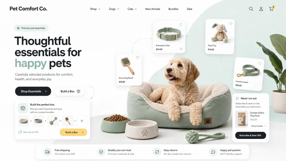 Premium Pet Supplies ecommerce website mockup