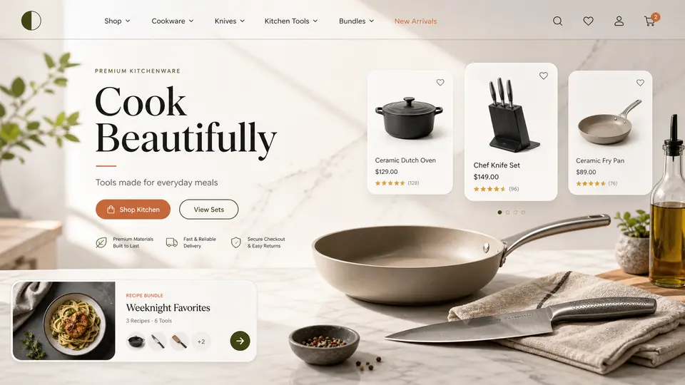 Premium Kitchenware ecommerce website mockup