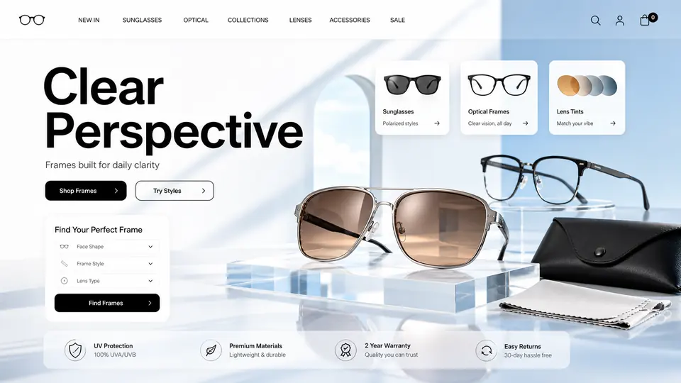 Premium Eyewear Studio ecommerce website mockup