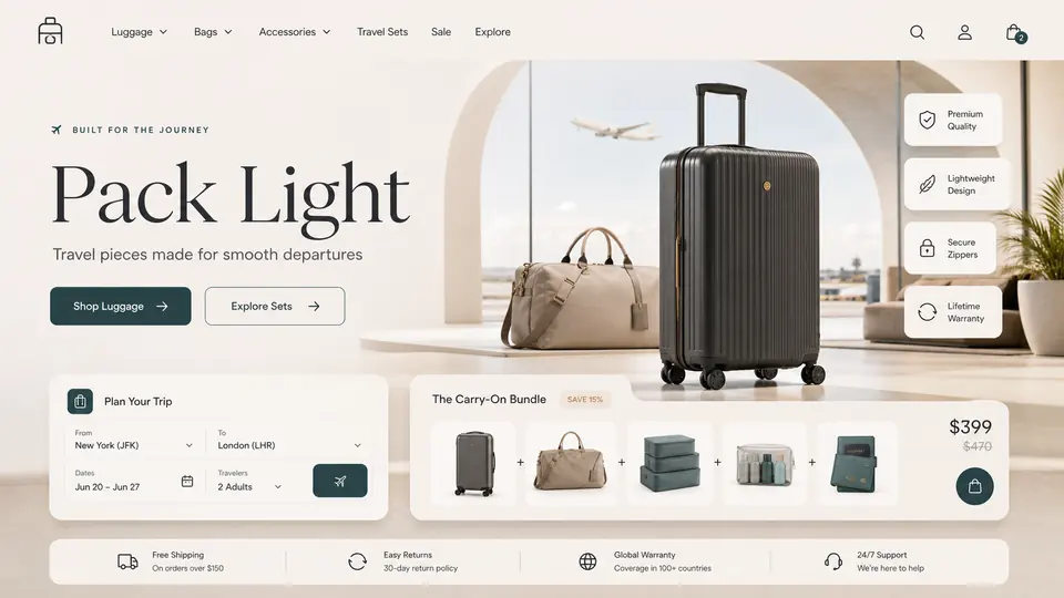 Premium Travel Luggage ecommerce website mockup