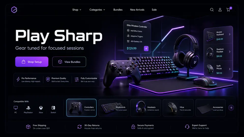 Gaming Accessories Shop ecommerce website mockup