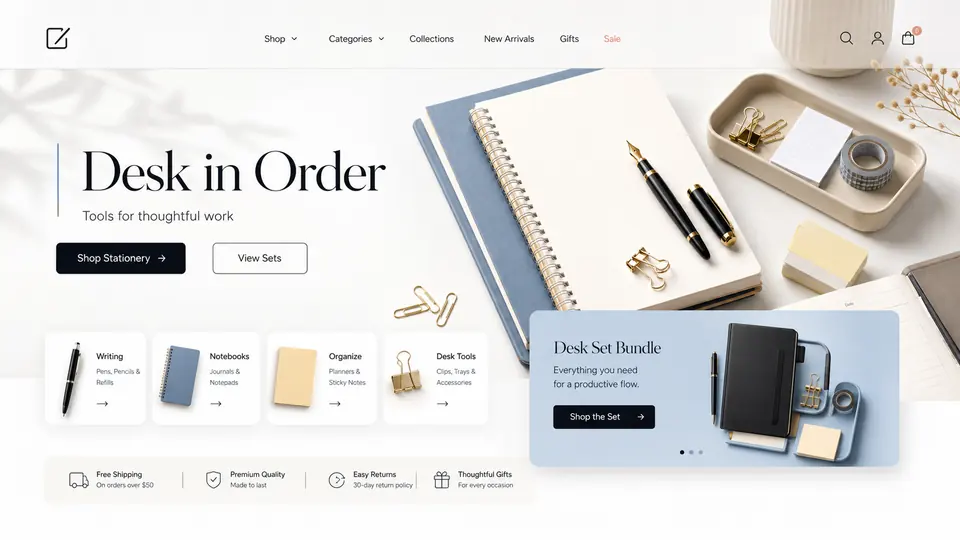 Premium Stationery Store ecommerce website mockup