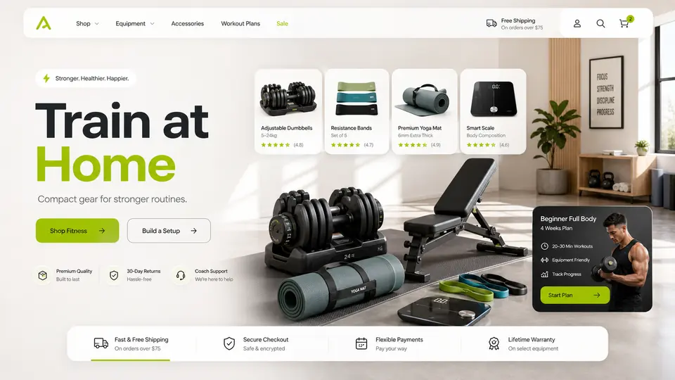Home Fitness Equipment ecommerce website mockup