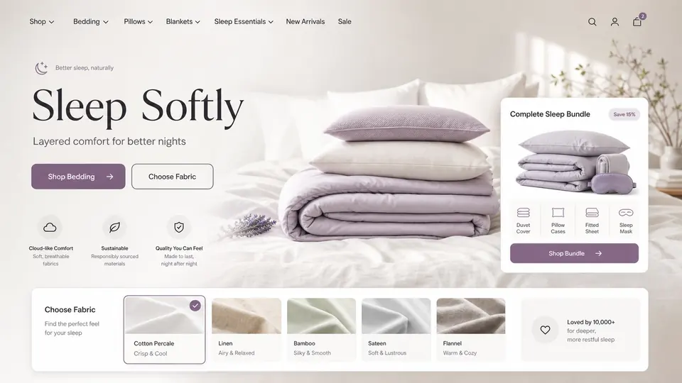 Premium Bedding Collection ecommerce website mockup