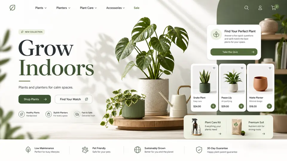 Indoor Plants and Planters ecommerce website mockup