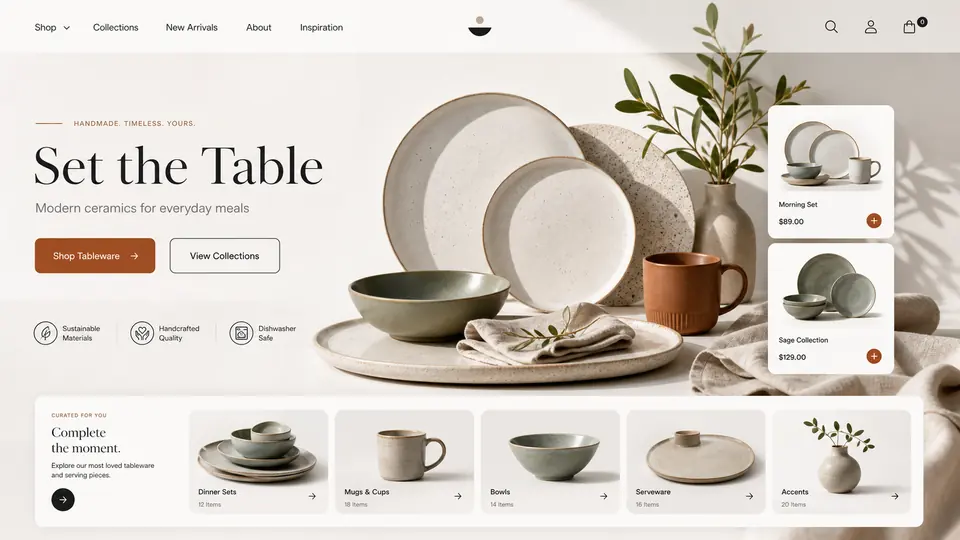 Ceramics and Tableware ecommerce website mockup