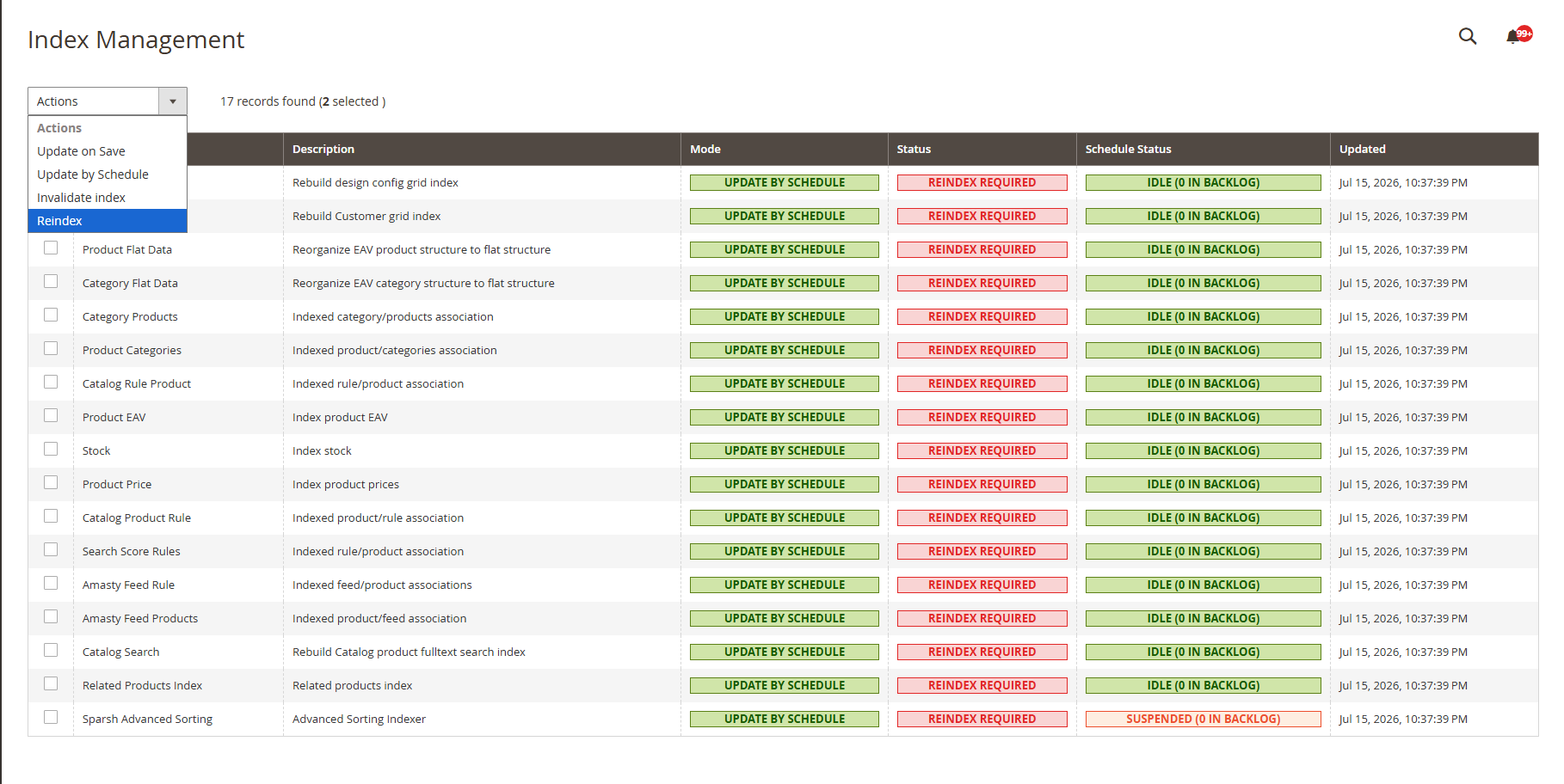 Admin Reindex actions inside Magento Index Management